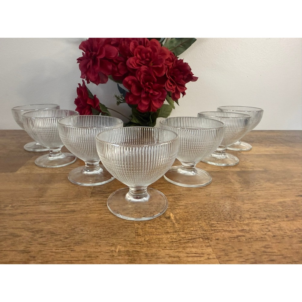 Vintage‎ Saguenay Depression Glass Dessert Dishes Clear Ribbed Footed Bowl Set 7